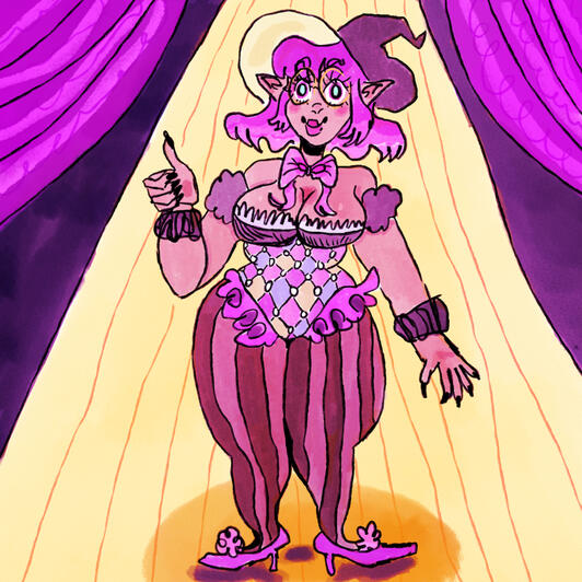 Drawing of a femme presenting circus character with purple ombre short hair and a colourful outfit, in a circle spotlight.