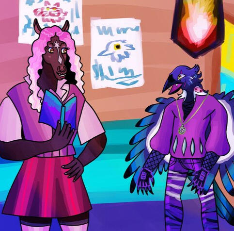 Drawing of a horse anthropomorphic character and magpie anthropomorphic character in clothes, in a minecraft inspired shop background.