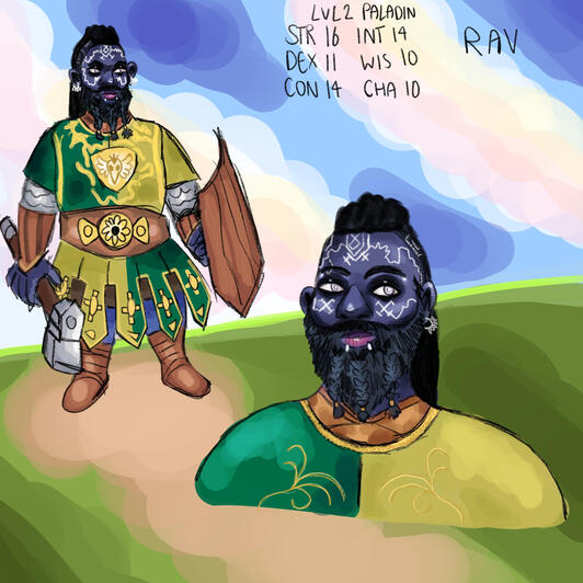 Drawing of my baldur's gate 3 character, Rav, a deep dwarf paladin.