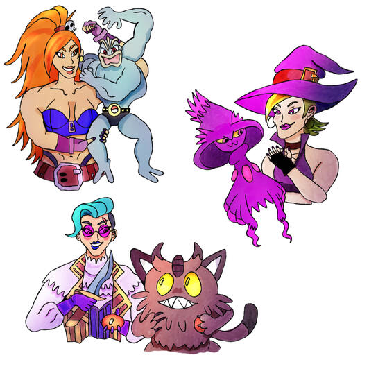 Drawing of two femme presenting characters and an androgynous character, each with a pokemon. The ginger muscly femme presenting with a machamp, a witchy femme presenting with a mismagius and the androgynous pirate coded character with galarian meowth.