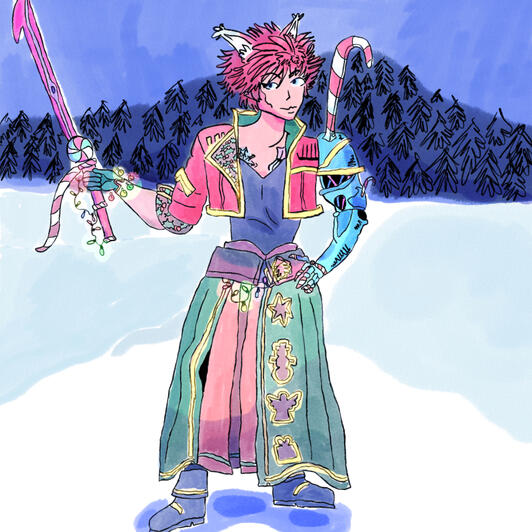 Drawing of Glottal in a Christmas version of their usual fantasy inspired outfit. They are holding a sword made of peppermint.