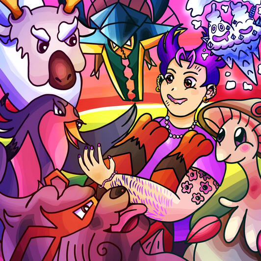 Drawing of a person being tackled by a pokemon team of breloom, swellow, arcanine, vikavolt, vanillish and wyrdeer.