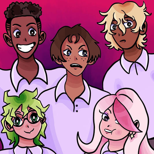 Drawing of five characters in school uniform with different expressions.