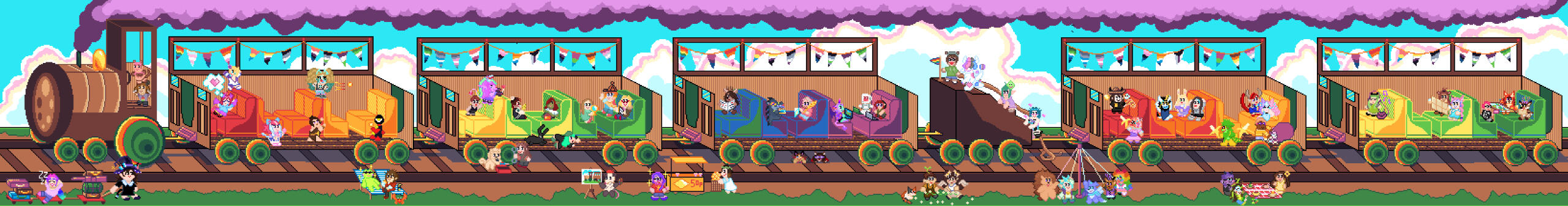 Pixel art of a train section with little characters and pride flags hanging from it.