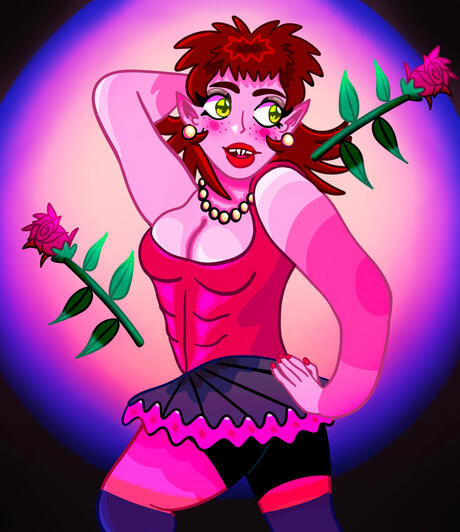 Oc art of my character tish, a muscly chested red haired vampire woman in a dancers outfit, on a stage being thrown Roses.