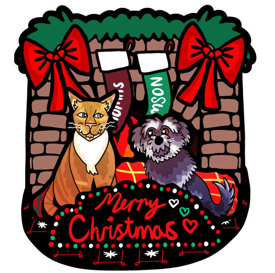 A dog and a cat in front of a Christmas themed fire, with the words "Merry Christmas"