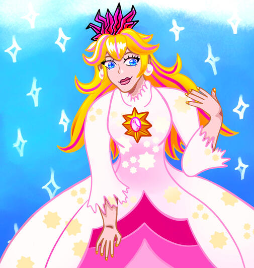 Drawing of princess peach smiling in her outfit from the final battle of the princess peach showtime game.