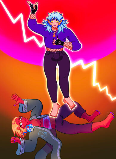 Colourful art with lightning background, of two characters, one a blue haired tan vampire and the other a mage with bloody bandage around waist.