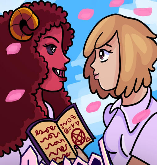 Drawing of two characters in school uniform, one a red demon character, the other a blonde character reading from a spell book. The words "School is hell" are at the bottom.