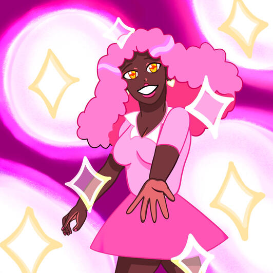 Drawing of a pink haired girl with her hand outstretched surrounded by bubbles and sparkles.