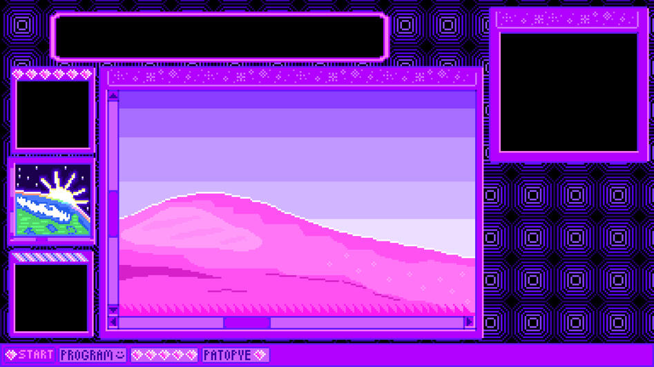 Pixel art of a 90s/early 00s desktop in pinks and purples with heart motifs